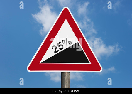 Detail photo of a danger sign 'Upward gradient' with the inscription 25 percentage, background sky. Stock Photo
