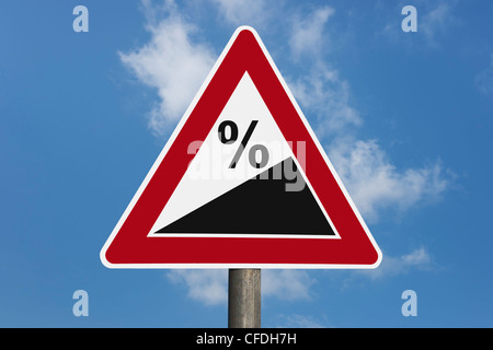 Detail photo of a danger sign "Upward gradient" with a percentage sign, background sky. Stock Photo