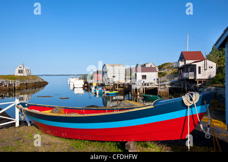 Dory and boat houses, Blue Rocks, Nova Scotia, Canada Stock Photo