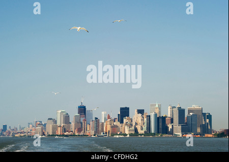 Manhattan Skyline seen from Staten Island Ferry, Manhattan, New York, USA, America Stock Photo