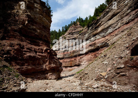 Geoparc Bletterbach, big gorge dug in the rock, in Aldein, Bolzano province, South Tyrol, Italy, Europe Stock Photo