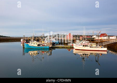 Fishing boats tied up at wharf, Yarmouth Bar at dawn, Nova Scotia, Canada Stock Photo