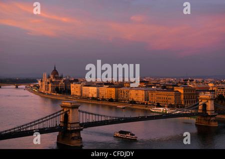 Danube river, House of Parliament and Chain Bridge in the afterglow, Budapest, Hungary, Europe Stock Photo