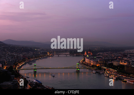 View over Castle hill, Danube river and Chain Bridge in the evening, Budapest, Hungary, Europe Stock Photo