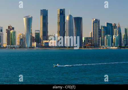 Modern skyline,Al Bidda Tower, Palm Towers, Burj Qatar and Tornado Tower, Doha, Qatar, Middle East Stock Photo