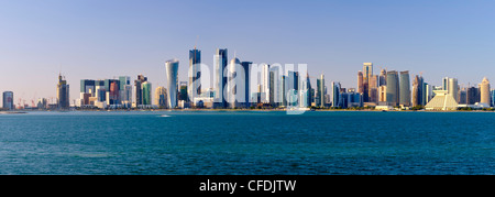 Modern skyline,Al Bidda Tower, Palm Towers, Burj Qatar and Tornado Tower, Doha, Qatar, Middle East Stock Photo