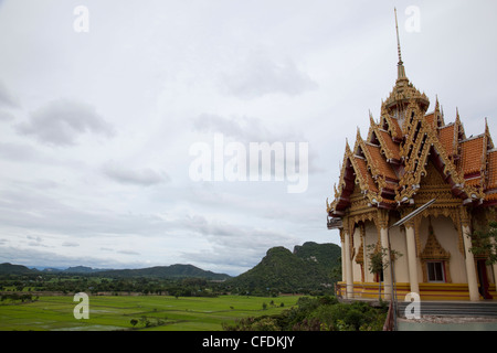 Overhead of rice and agricultural fields seen from Wat Tham Khao Noi, Khao Noi Cave Temple, near Kanchanaburi, Thailand Stock Photo