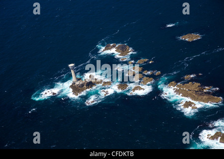 Aerial photo of Longships Lighthouse and Lands End Peninsula, West Penwith, Cornwall, England, United Kingdom, Europe Stock Photo