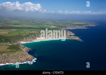 Aerial photo of Lands End Peninsula, Treen Cliff, Logan Rock, West Penwith, Cornwall, England, UK Stock Photo