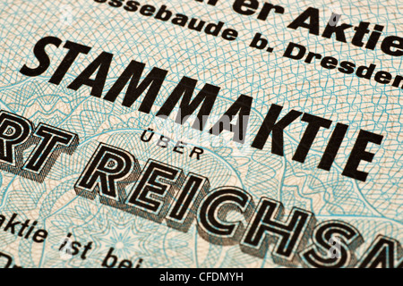 Teilansicht einer alter deutschen Stammaktie | partial view of an old German common share Stock Photo