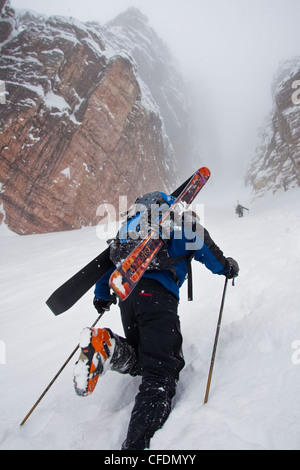 Three backcountry skiers bootpack up a couloir on Bow Peak, Icefields Parkway, Banff National Park, Alberta, Canada Stock Photo