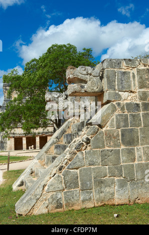 The snake's head in ancient Mayan ruins, Chichen Itza, UNESCO World Heritage Site, Yucatan, Mexico, Stock Photo