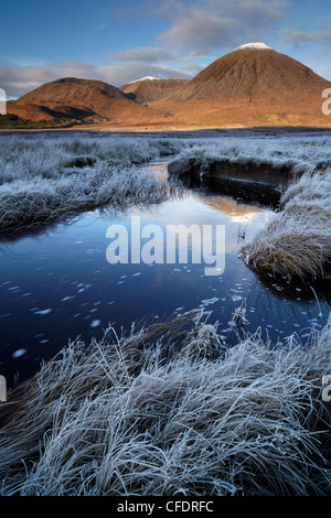 A beautiful frosty morning in Strath Suardal showing the snow topped mountain Beinn na Caillich, Isle of Skye, Scotland, UK Stock Photo
