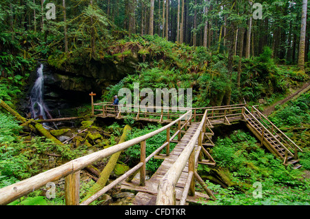 Hiker enjoys views Kelly Falls boardwalk along Stock Photo