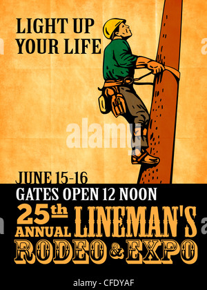 poster illustration of power lineman electrician repairman worker climbing electric utility pole viewed from a side with words international lineman rodeo grunge style Stock Photo