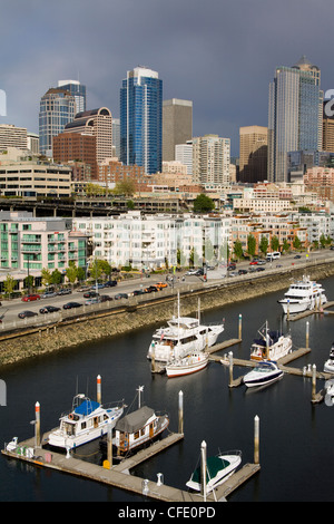 Seattle skyline and Bell Harbor Marina, Seattle, Washington State, United States of America, Stock Photo