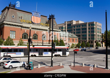 Historic Union Station and Light Rail Train, Salt Lake City, Utah, United States of America, Stock Photo