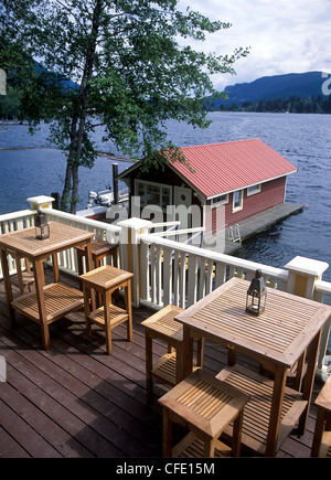 Deck at a lakefront cottage in Youbou, a small former mill town on Lake Cowichan, Vancouver Island, British Columbia, Canada Stock Photo