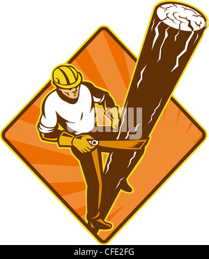 poster illustration of power lineman electrician repairman worker climbing electric utility pole viewed from a high angle with w Stock Photo