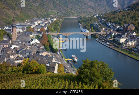 View from castle on town and Moselle river, Cochem, Rhineland-Palatinate, Germany, Europe Stock Photo