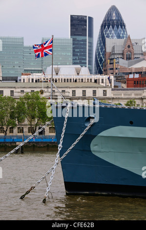 HMS Belfast prow,Gherkin Building in Background,City of London,Financial Area,London Stock Market,Insurance,Finance,Banking,UK Stock Photo