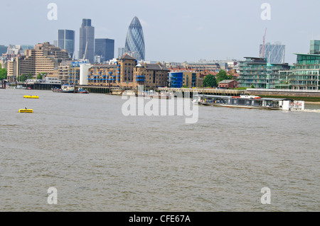 The Gherkin Building & Nat West Tower from Lower Pool,Thames River,Upper Reaches,Ancient Shipping Docks,Wharves,London Stock Photo
