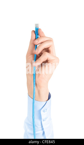 Hand holding Ethernet cable, isolated on white. Stock Photo