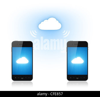 Communication between two mobile phone via cloud computing connection. Conceptual illustration. Isolated on white. Stock Photo