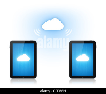 Communication between two mobile phone via cloud computing connection. Conceptual illustration. Isolated on white. Stock Photo