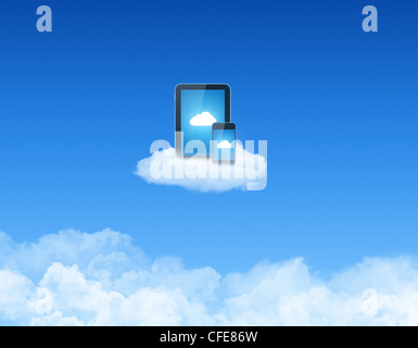 Modern tablet pc with mobile smart phone on a cloud. Conceptual image on cloud computing theme. Stock Photo