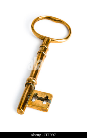 a golden key on a white background Stock Photo