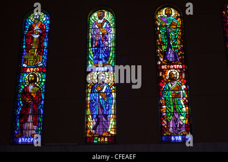 Debre Libanos. Monastry. Orthodox Church. Ethiopia. Stained glass windows from inside depicting different Saints. Stock Photo