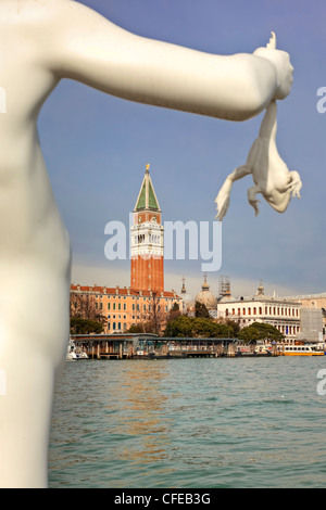 Boy with frog sculpture, Venice, Veneto, Italy Stock Photo