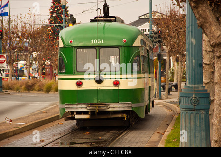 vintage electric trolley bus on embarcardo san francisco usa, Stock Photo