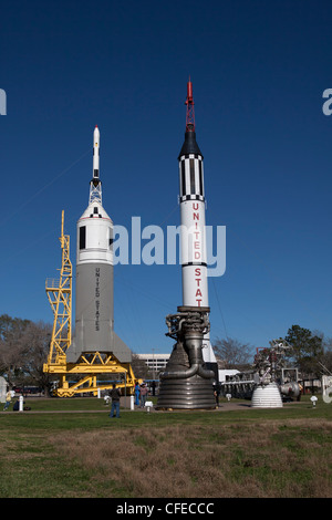 Rocket Park at the Johnson Space Center. Mercury-Redstone Spacecraftand Little Joe II with Apollo Capsule BP 22 on launch pad. Stock Photo