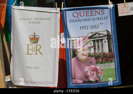 Tea Towels of the Queens Diamond  Jubilee pegged hung on a washing line Stock Photo