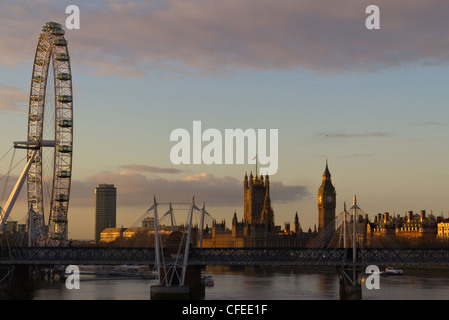 London Eye and Houses of Parliament at sunrise Stock Photo