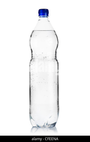 Plastic bottle of iced mineral water with bubbles on white background Stock Photo