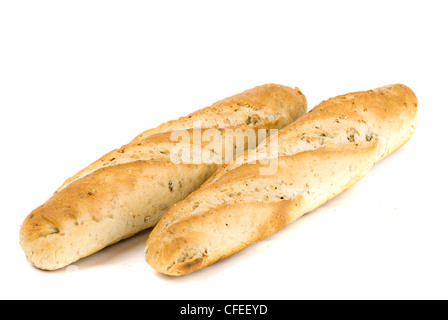 two freshly baked baguettes on white background Stock Photo