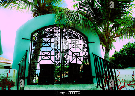 Neon green and pink colors on restaurant iron gate Grand Cast Saint Martin with tropical palm trees Stock Photo