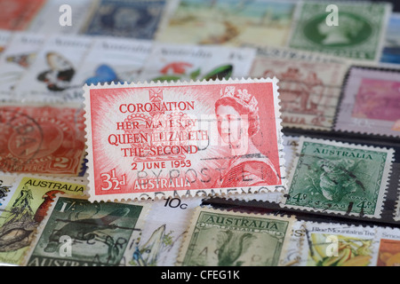 Australian postage stamp commemorating the June 2nd, 1953 Coronation of Her Majesty, Queen Elizabeth The Second. Stock Photo