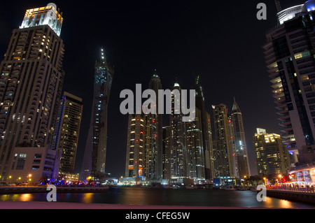 Dubai Marina skyline at night, Unite Arab Emirates, Middle East Stock Photo