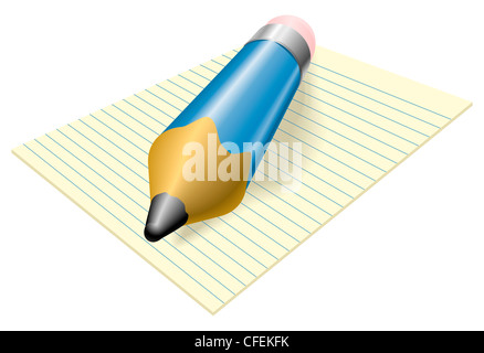 Illustration of a blue pencil with eraser on a pad of lined paper Stock Photo