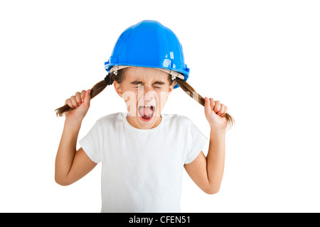 Little young girl yelling and wearing a protection helmet, isolated on white background Stock Photo