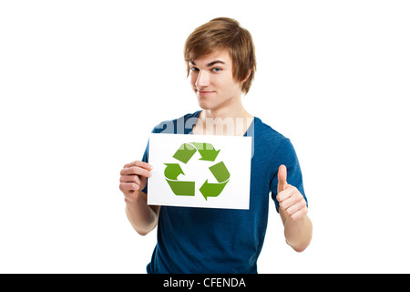 Casual young man holding a recycling sign to promote a green and better world, isolated on white background Stock Photo