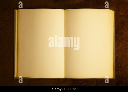 Opened book with blank pages on wooden table Stock Photo