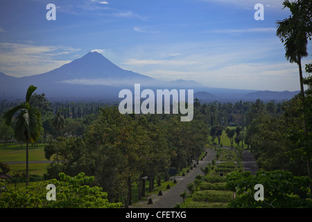 Merapi volcano from the top of Borobudur Temple, Dieng road, Java, South Pacific, Indonesia, Southeast Asia, Asia. Stock Photo