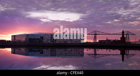 Middlesbrough College and Transporter Bridge at night with beautiful pink sky on this stitch panoramic Stock Photo