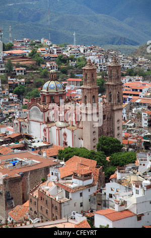 Aerial view of the Santa Prisca Church and the Spanish colonial town of ...
