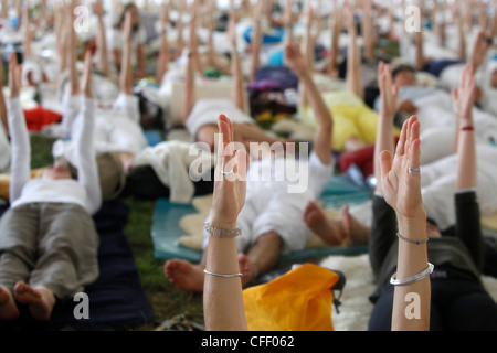 Group meditation at Kundalini Yoga festival, Mur-de-Sologne, Loir-et-Cher, France, Europe